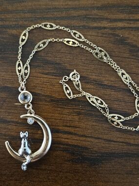 Sterling Silver Cat On Moon Necklace With 14k Gold-filled Chain